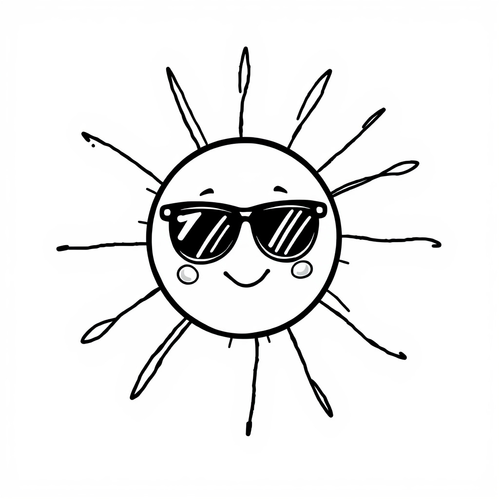 Sun with Sunglasses beaming at water droplets.