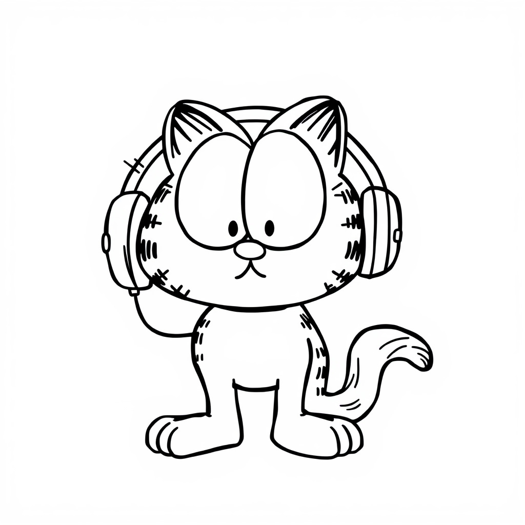 Garfield wearing headphones.