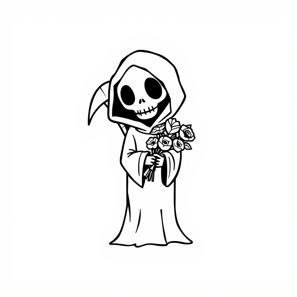 Grim Reaper holding a bouquet.