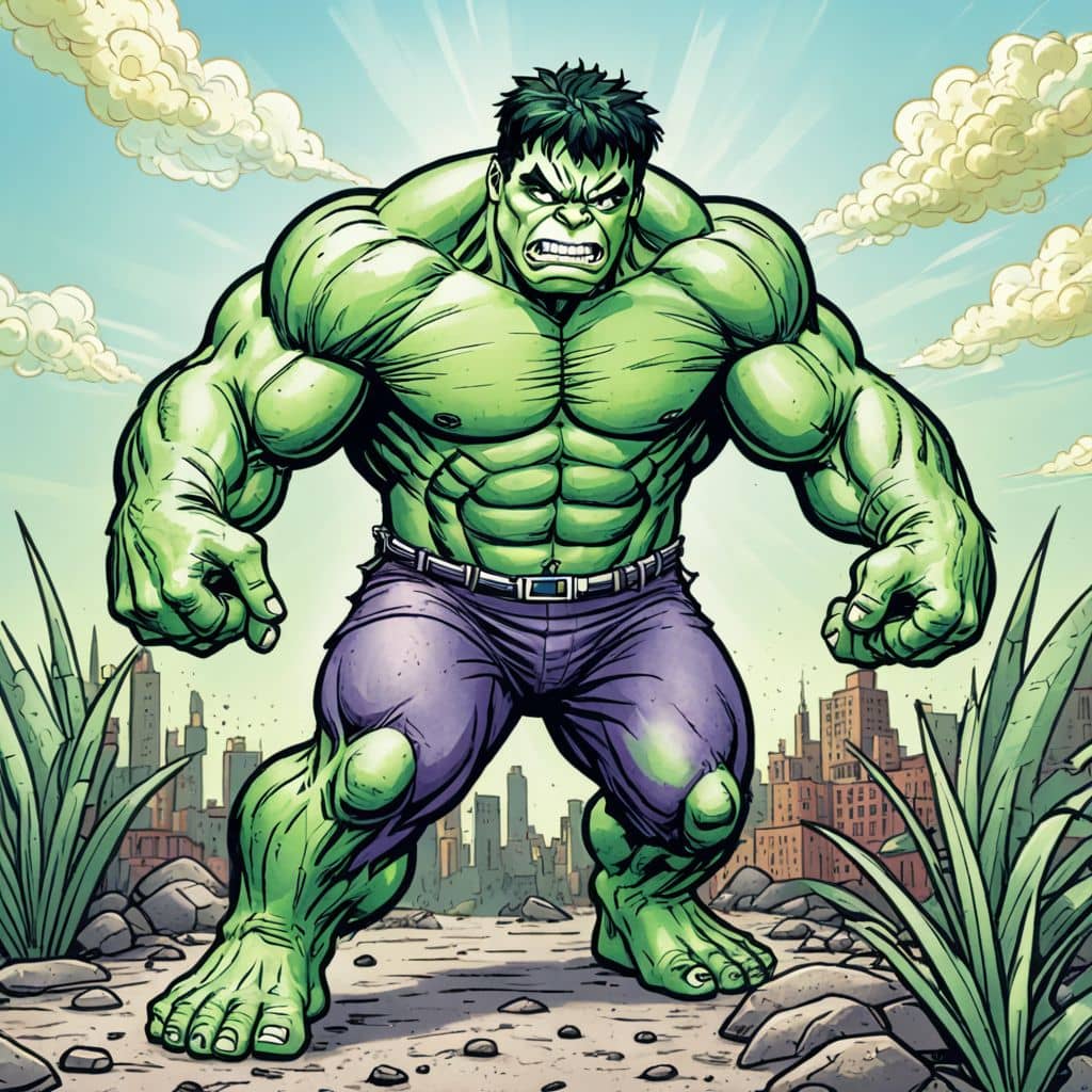 Colored Hulk - the superhero from Marvel Comics watering plants.
