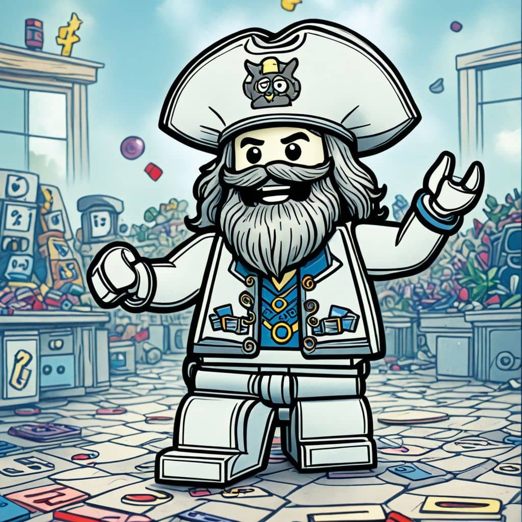 Colored MetalBeard - the pirate from The Lego Movie presenting a history project in class.