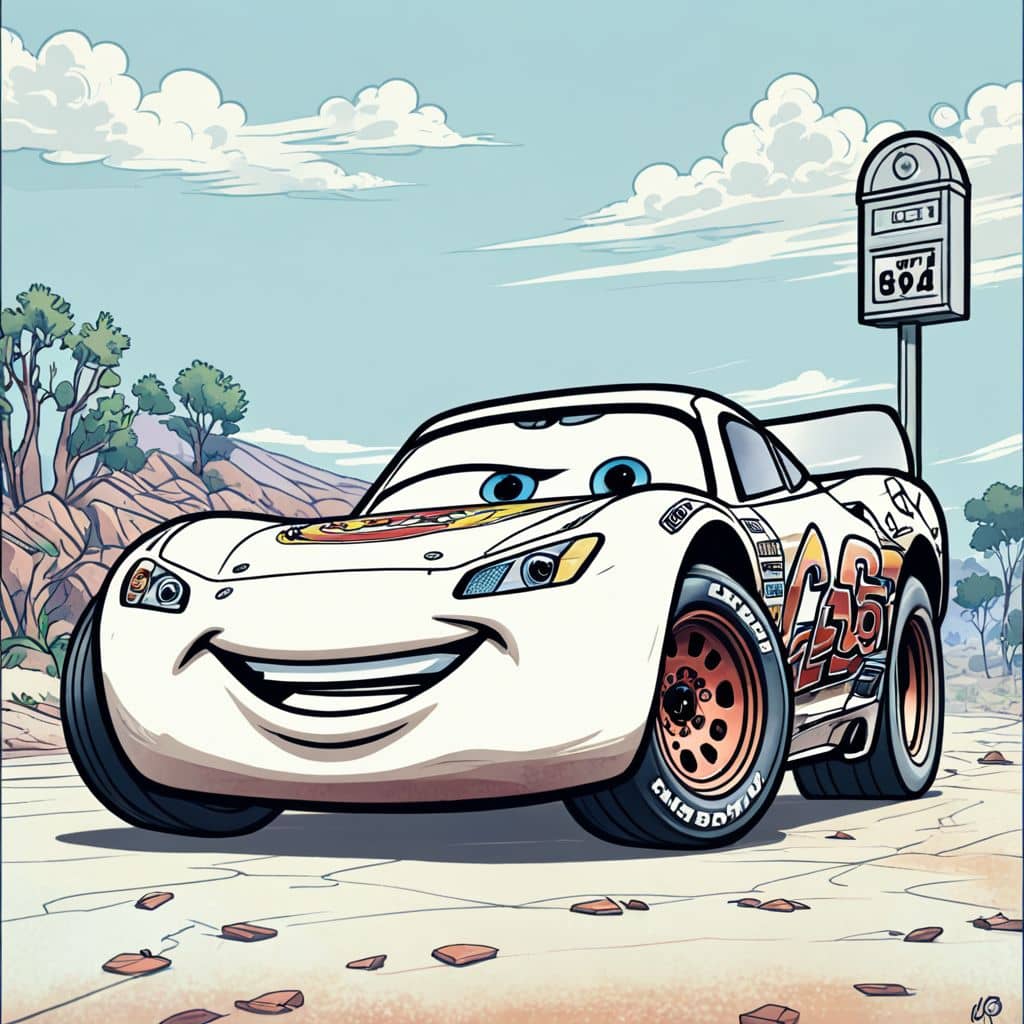 Colored Lightning McQueen from Cars cartoon movie next to a parking meter