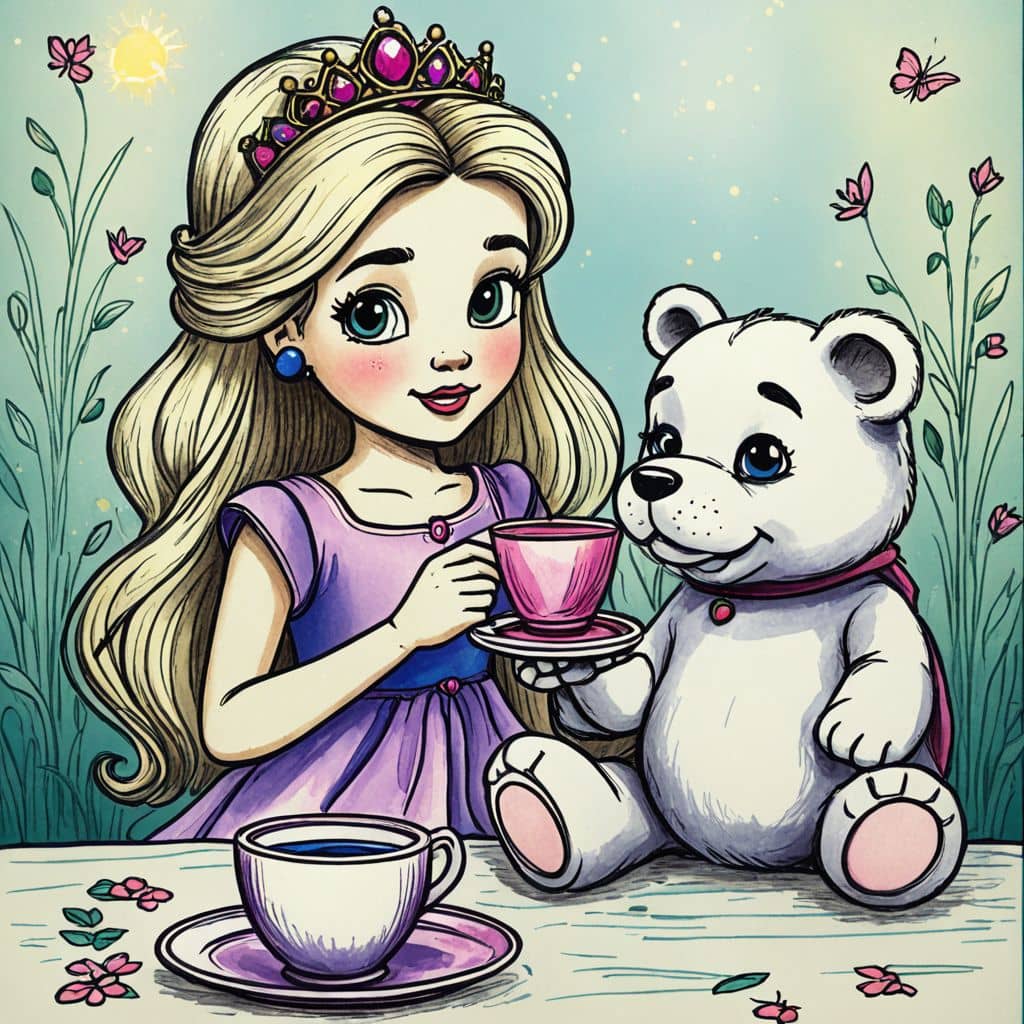 Colored Princess having tea with her favorite teddy bear.