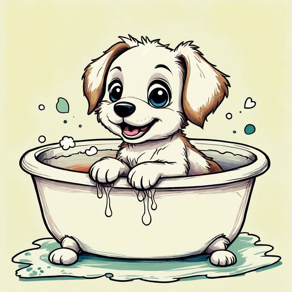 Colored Puppy happily sitting in a soapy bath.