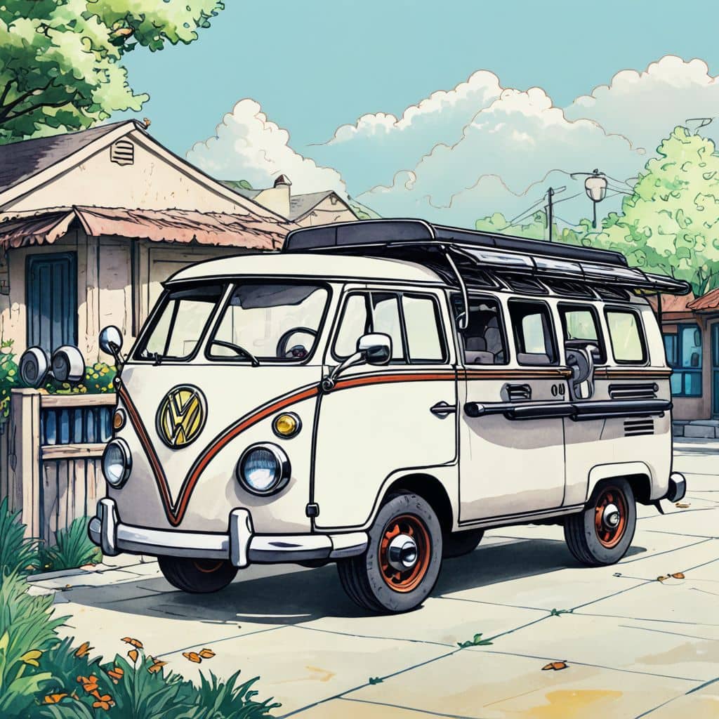 Colored Fillmore - the VW bus from Disney Cars setting up a lemonade stand.