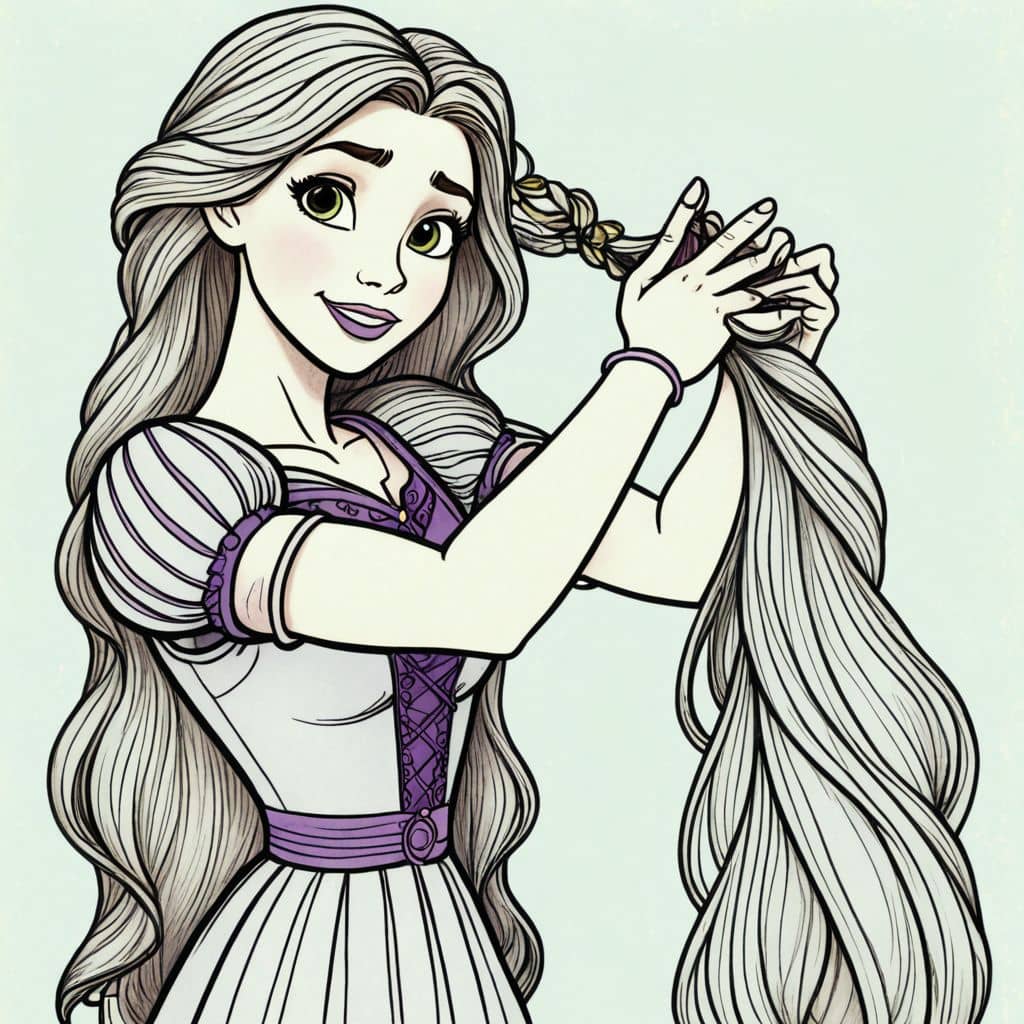 Colored Rapunzel from Tangled braiding her hair.