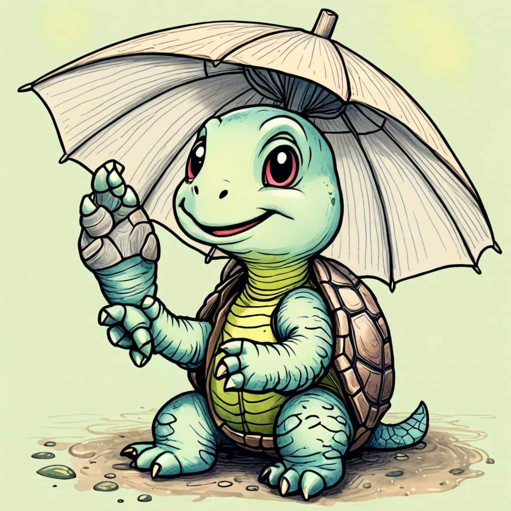 Colored Turtle under an umbrella eating ice cream.