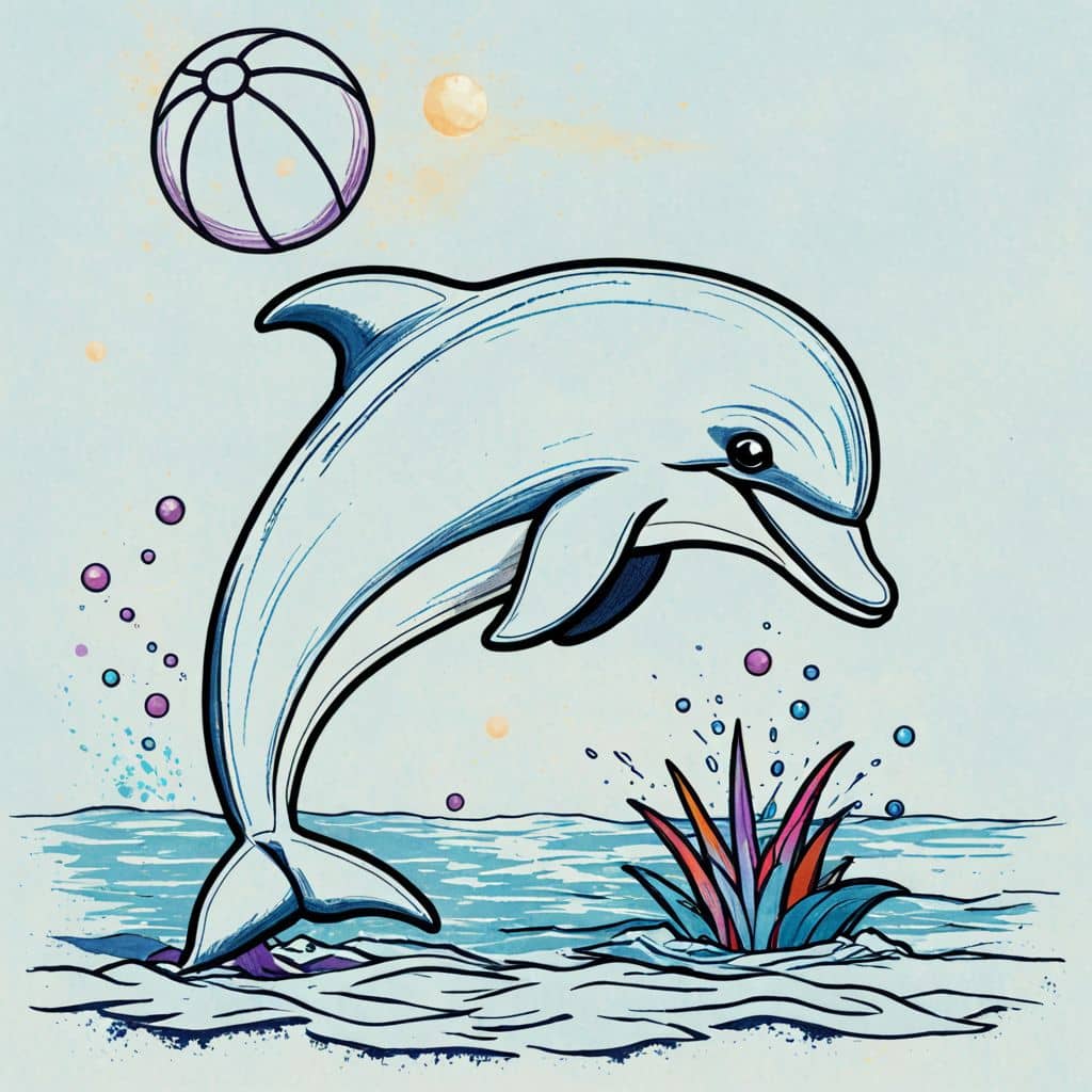Colored Dolphin spinning a beach ball on its dorsal fin.