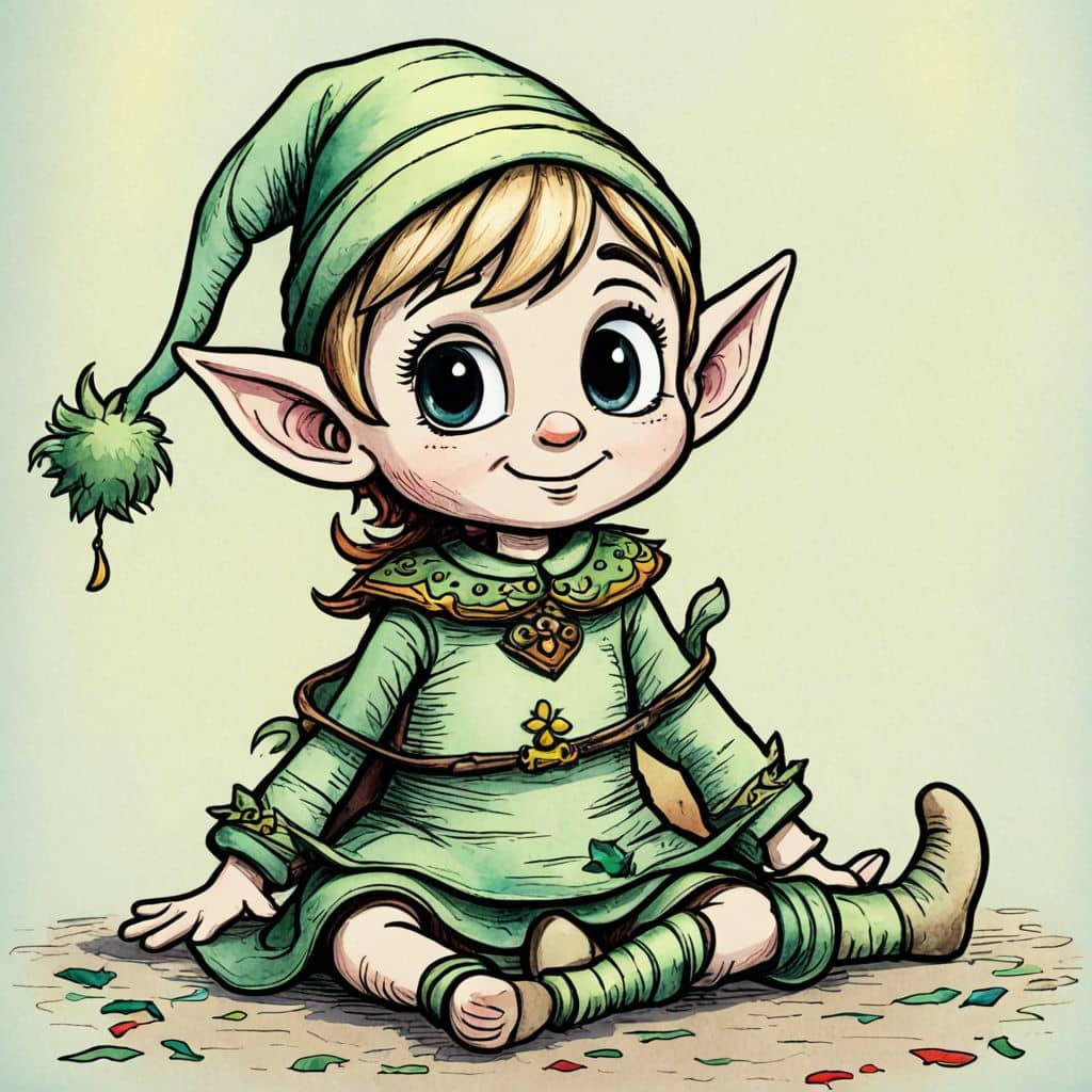 Colored Elf from Elf Cartoon wrapped in holiday lights.
