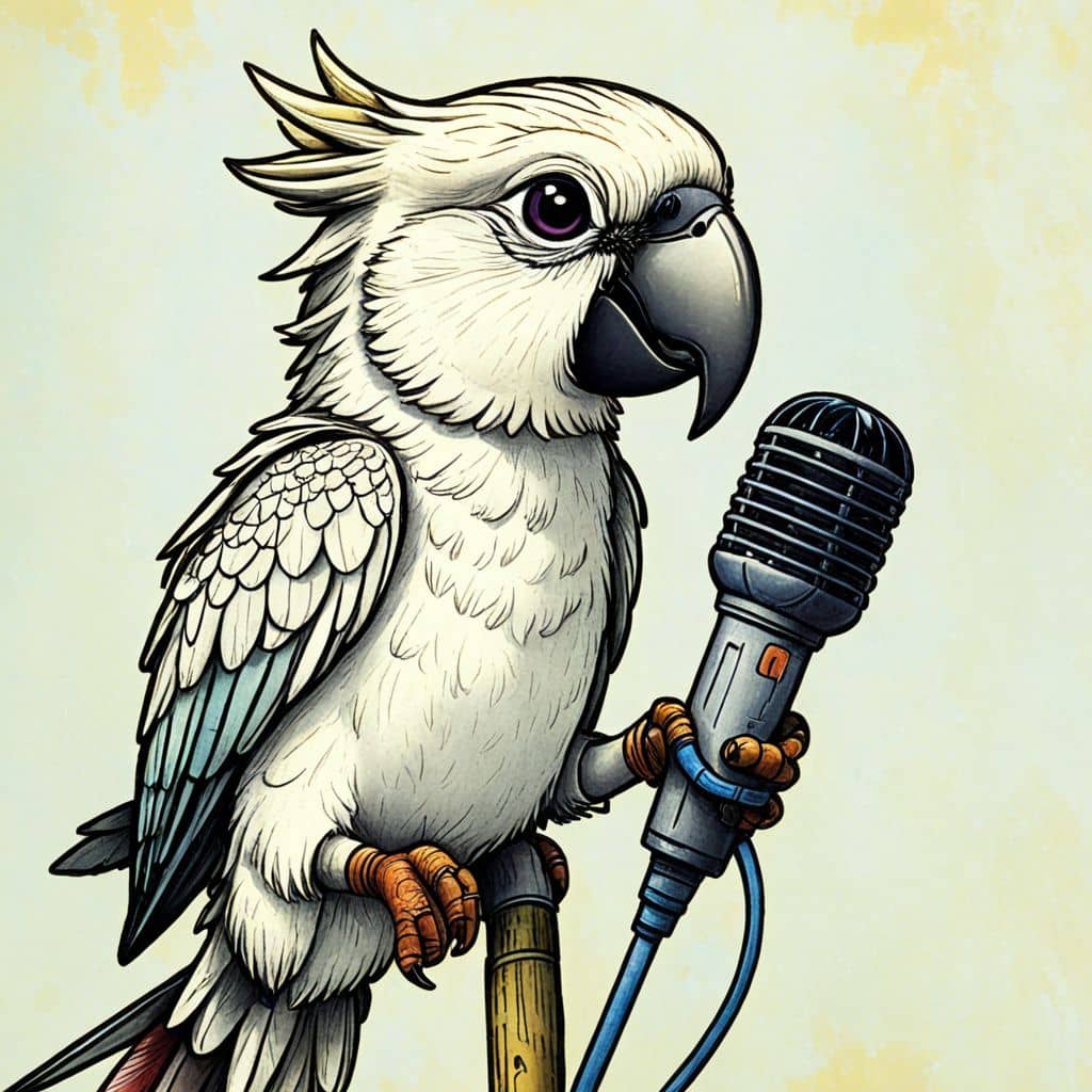 Colored Parrot singing with a microphone.