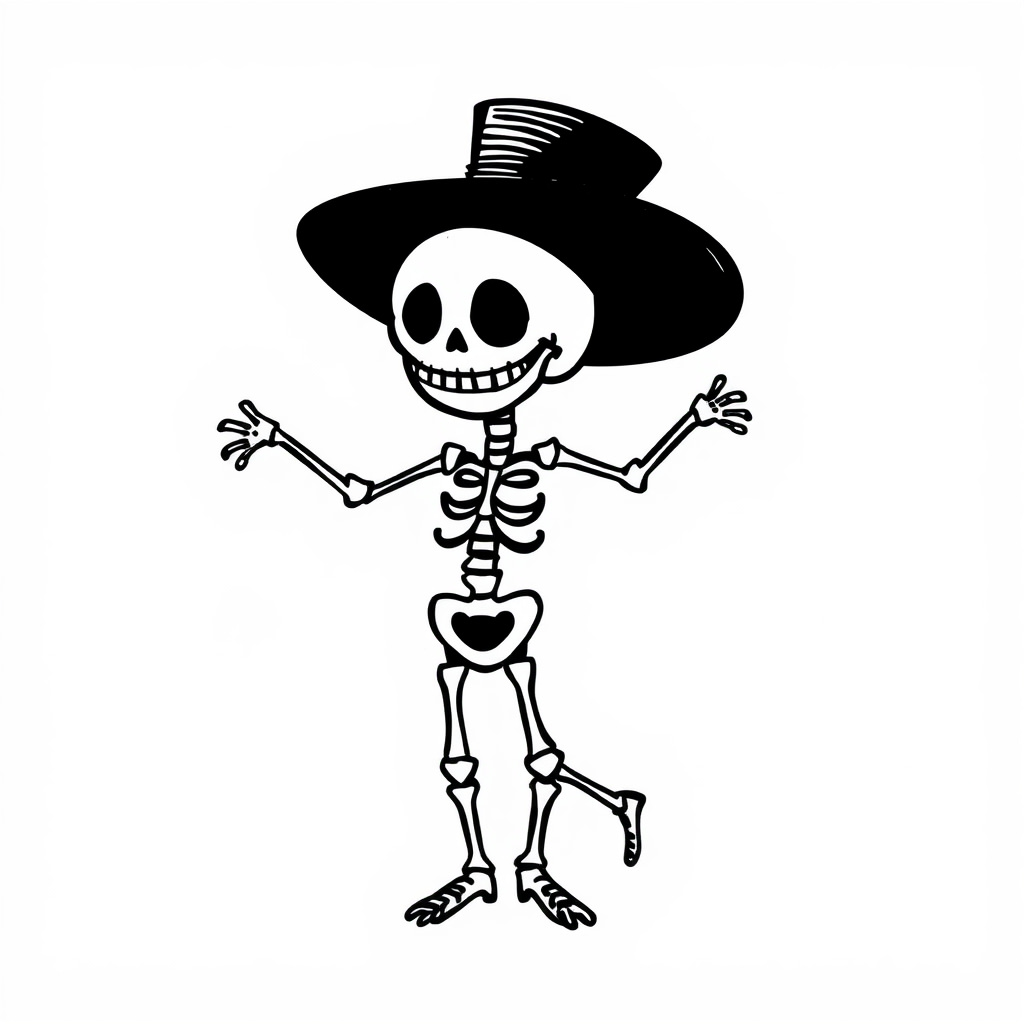 Happy skeleton dancing with a top hat