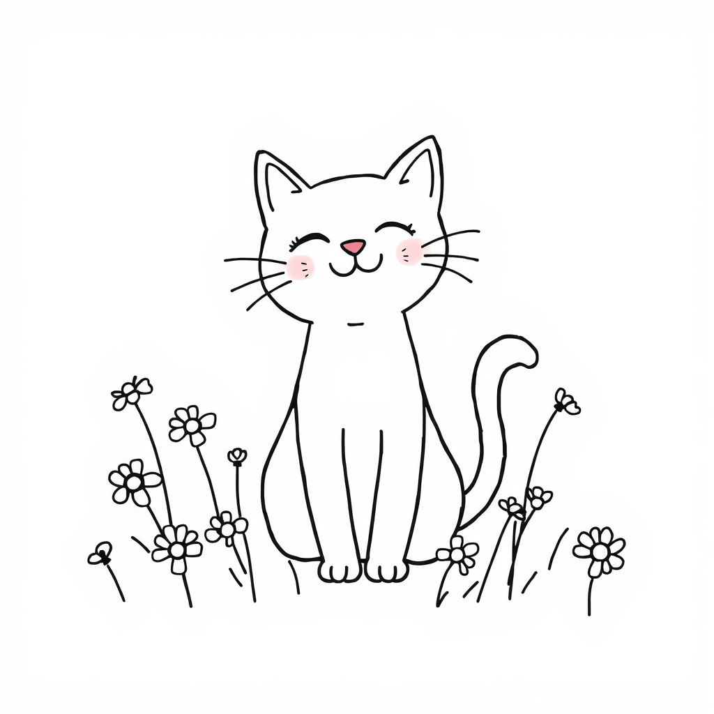 Joyful cat in a field of daisies