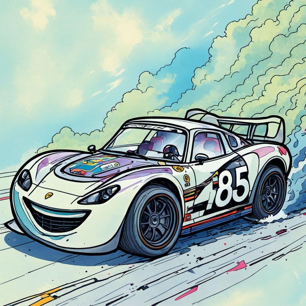 Colored Race car eating a giant pizza
