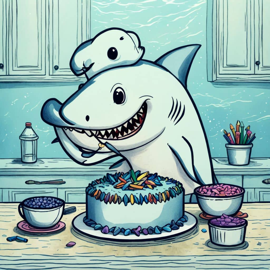 Colored Shark baking a cake