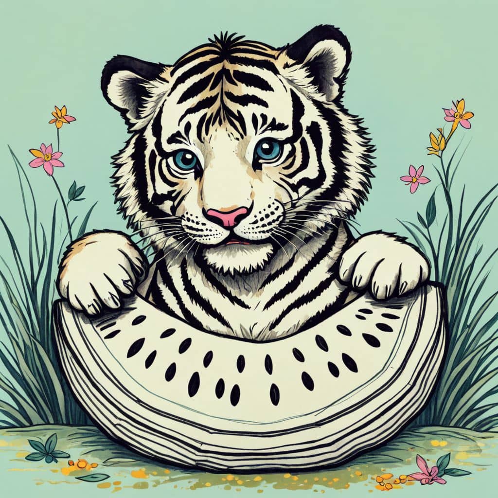 Colored Tiger munching on watermelon slices