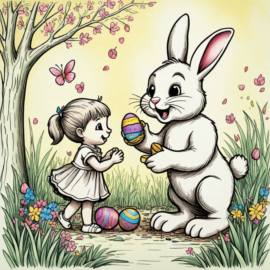 Colored Easter Bunny delivering eggs to kids' garden