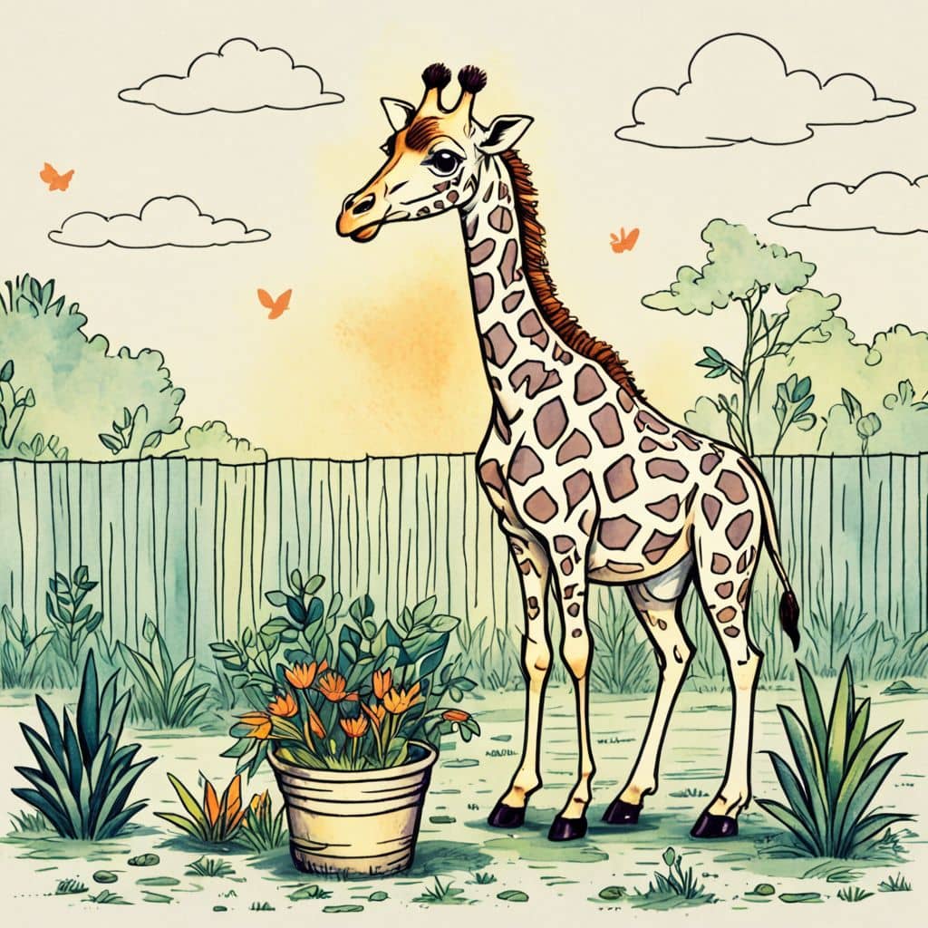 Colored Giraffe planting flowers in the garden