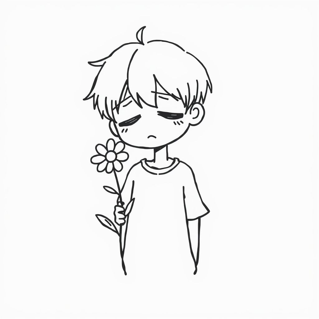 Sad anime boy holding a flower