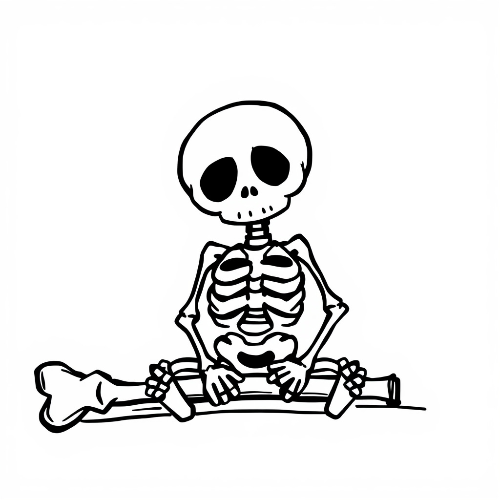 Sad skeleton sitting with a broken bone