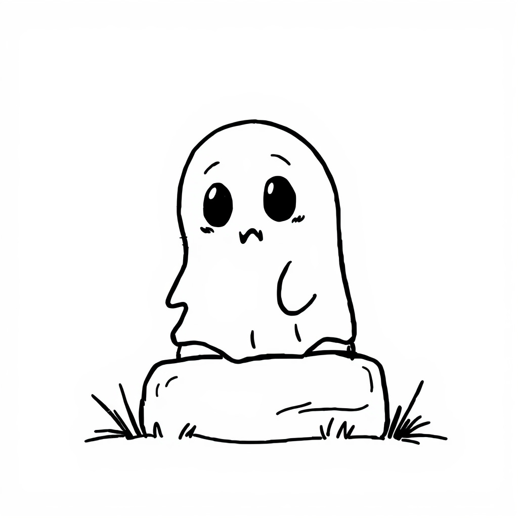 Nervous ghost hiding behind a tombstone