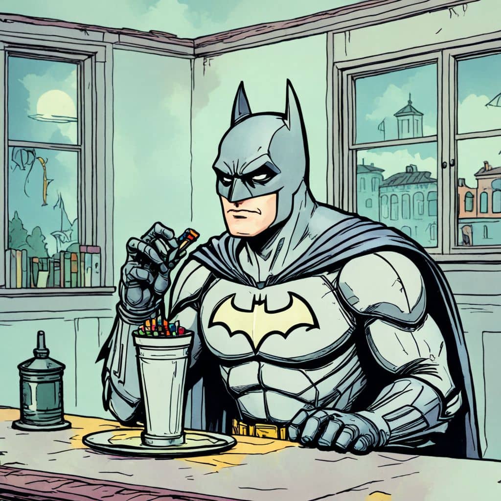 Colored Batman sipping a smoothie at a cafe