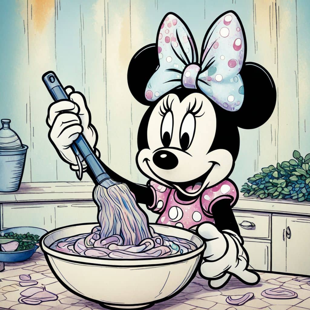 Colored Minnie Mouse from Disney stirring cookie batter in a bowl
