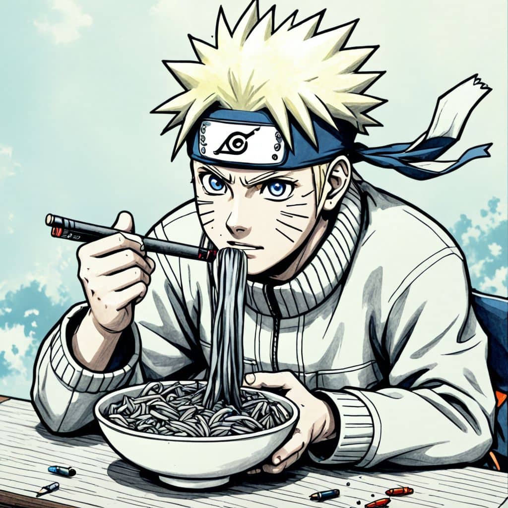 Colored Naruto - the ninja from the Naruto series slurping noodles with a big smile
