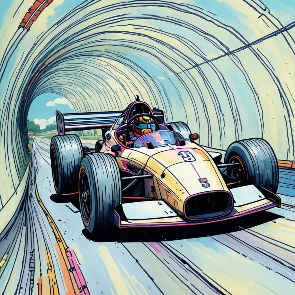 Colored Race car driving through a donut tunnel