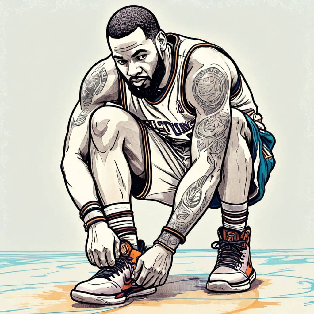Colored LeBron James - the player from Los Angeles Lakers tying his sneakers
