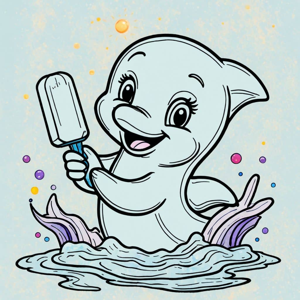 Colored Dolphin holding a popsicle with its fin