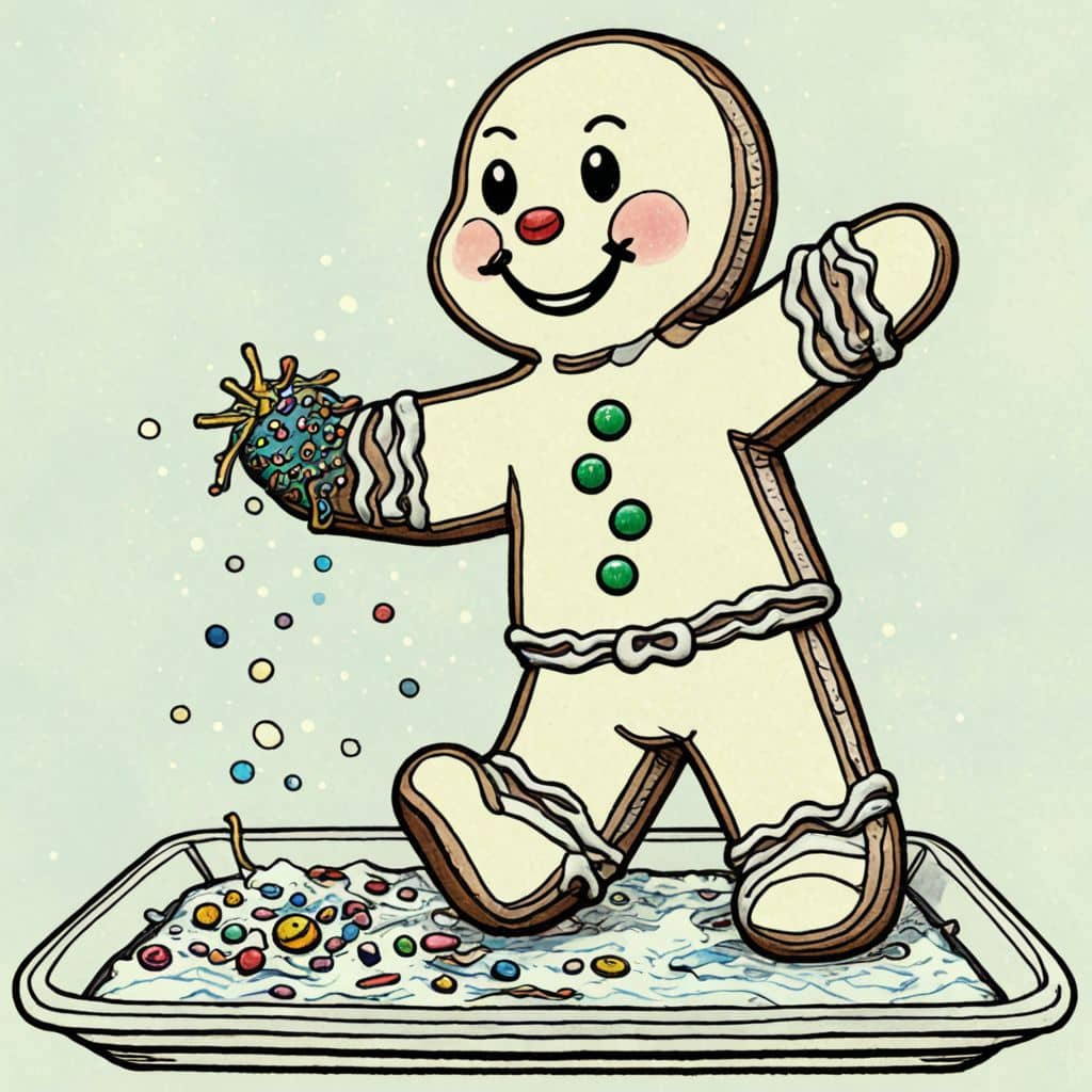 Colored Gingerbread Man - a cookie character from fairy tales adding sprinkles to a tray
