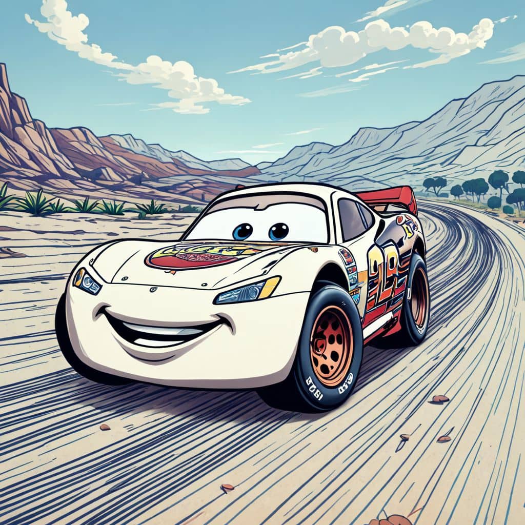 Colored Lightning McQueen from Cars racing through a track made of spaghetti