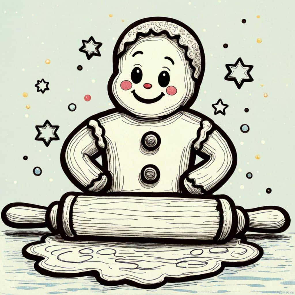 Colored Gingerbread Man - a cookie character from fairy tales rolling dough with a rolling pin