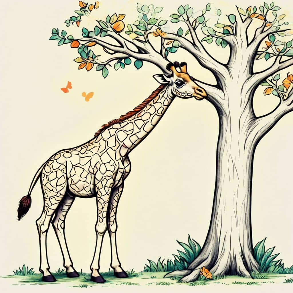 Colored Giraffe picking apples from a tree
