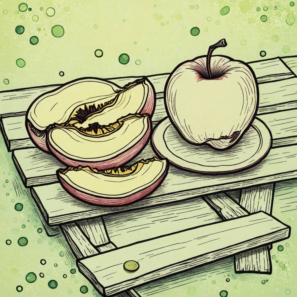 Colored Apple slices with cheese on a picnic table