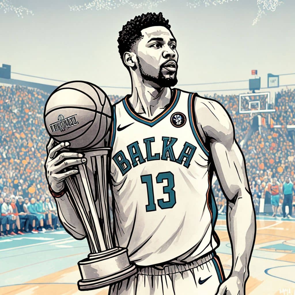 Colored Giannis Antetokounmpo - the player from Milwaukee Bucks holding a basketball trophy