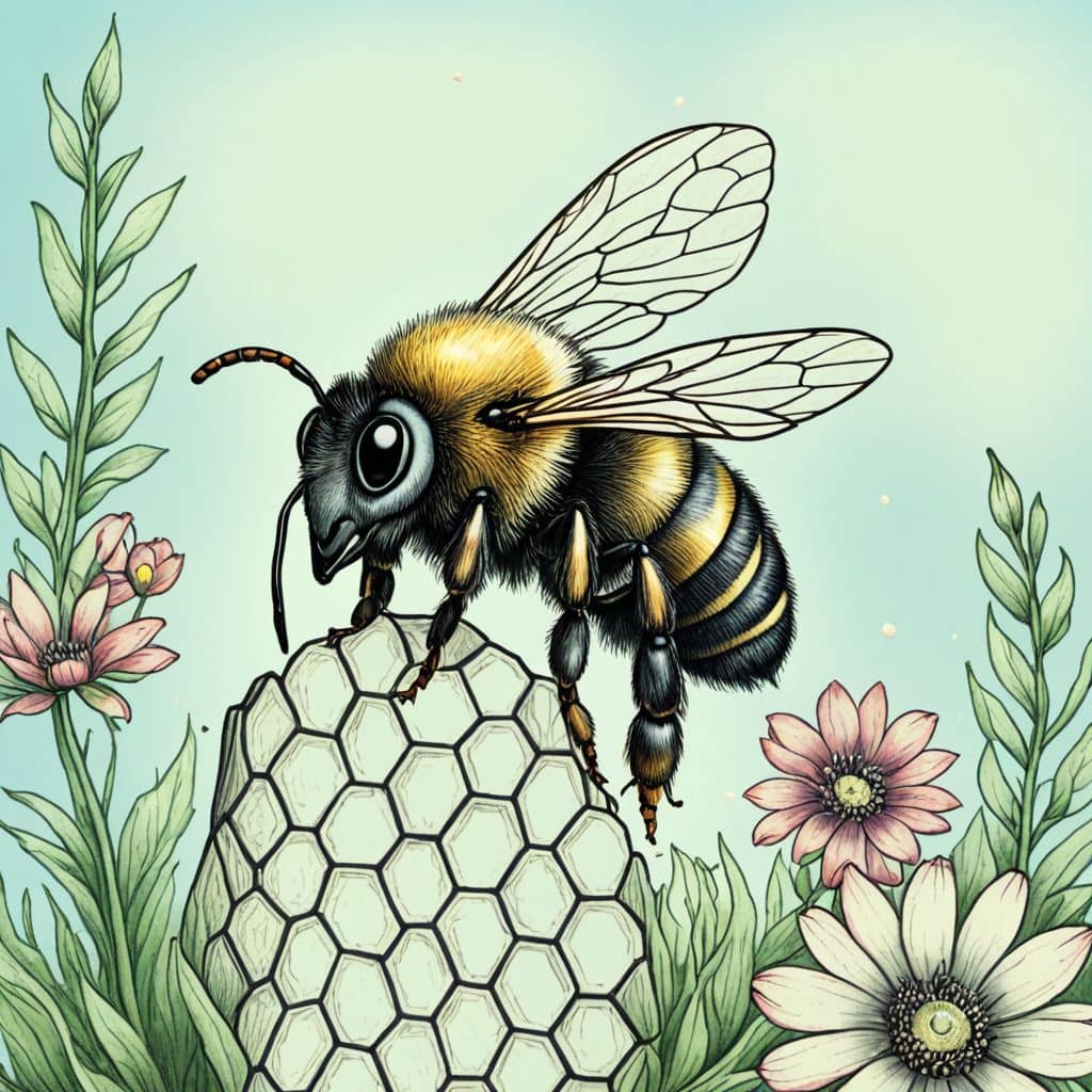 Colored Bee buzzing around a honeycomb