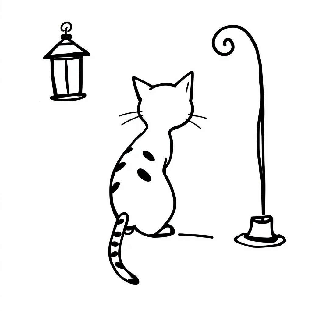 Scared cat arching back by a lantern