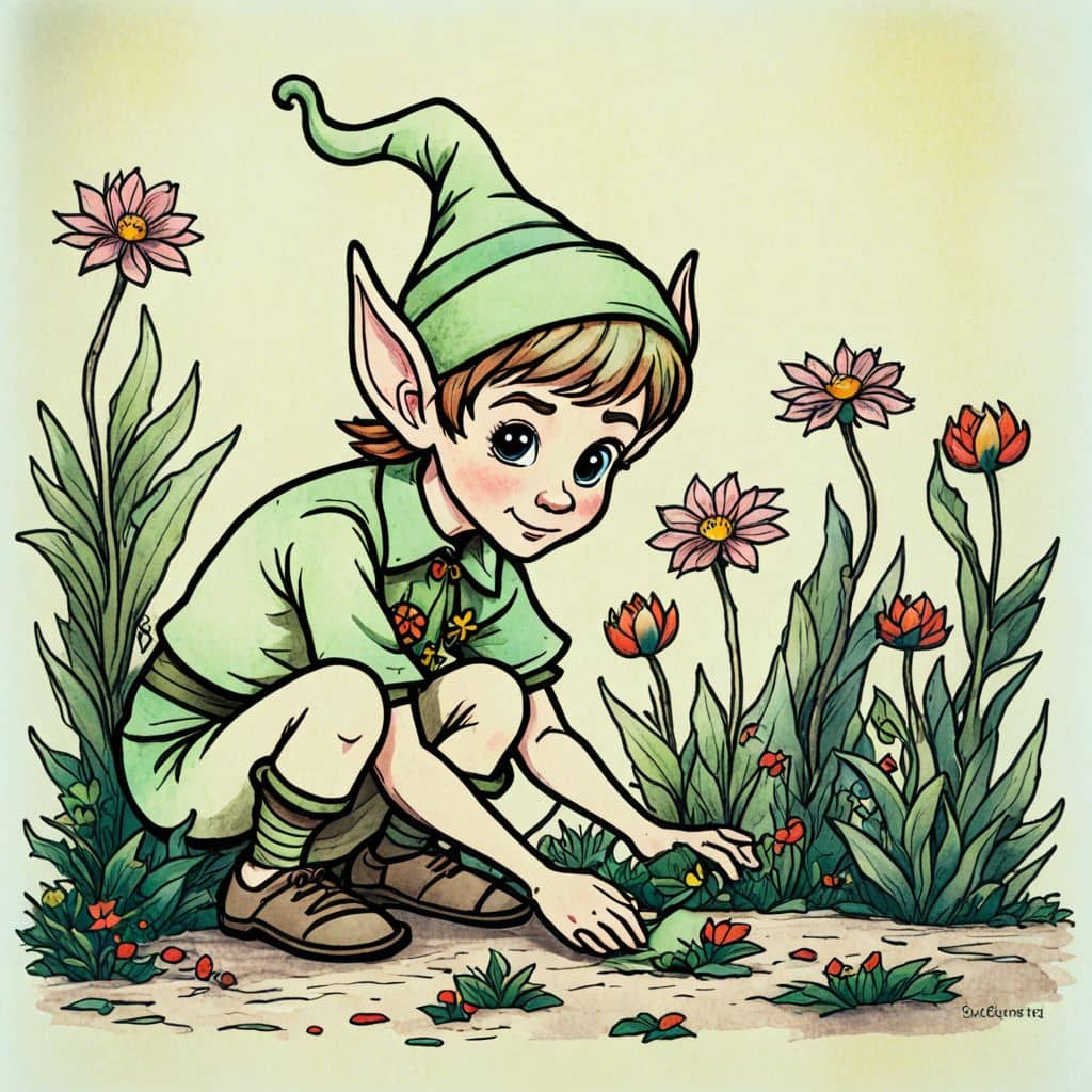 Colored Elf from Elf cartoon planting flowers in a garden