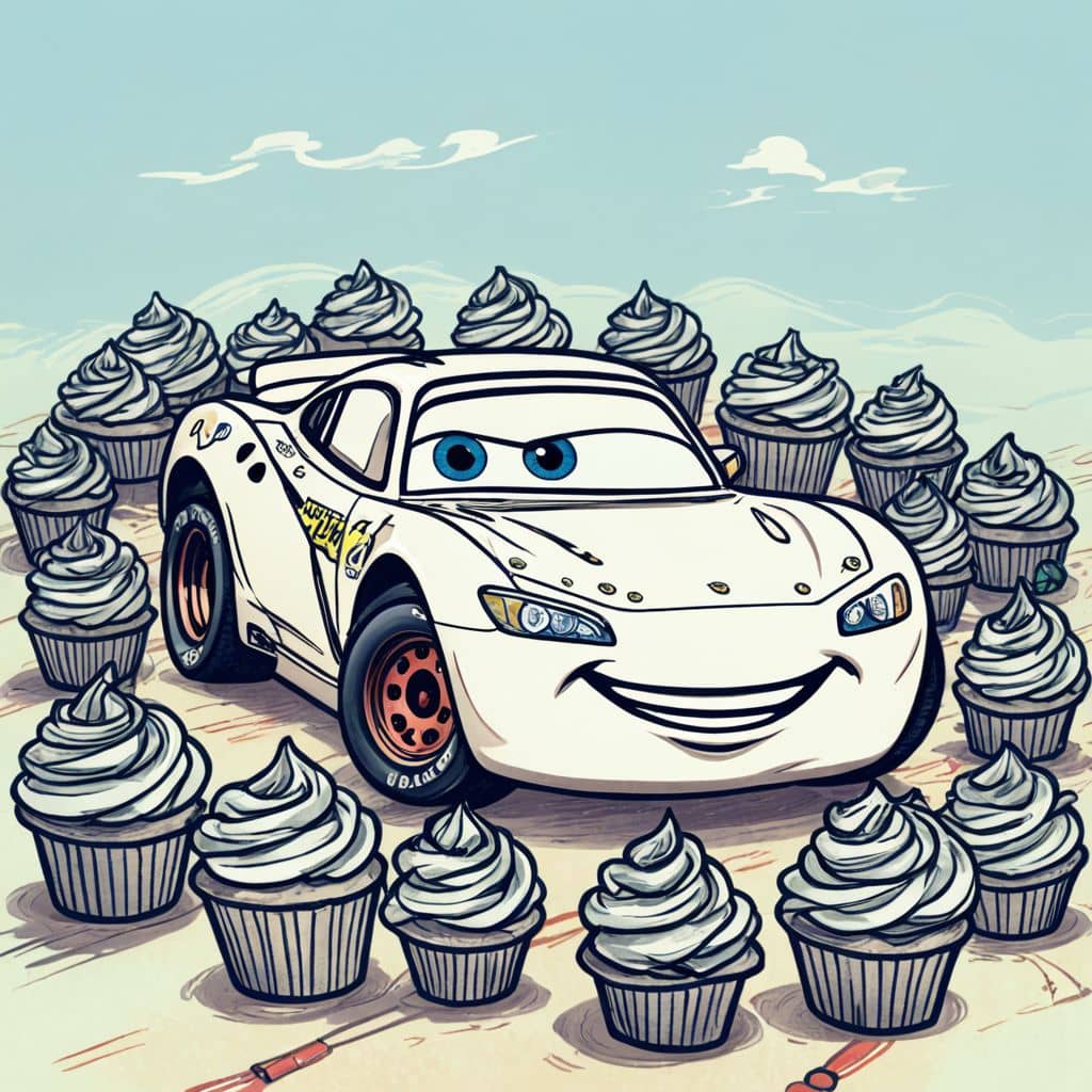 Colored Lightning McQueen from Cars surrounded by colorful cupcakes