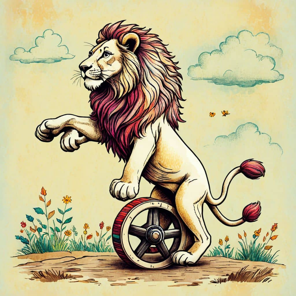 Colored Lion balancing on one wheel