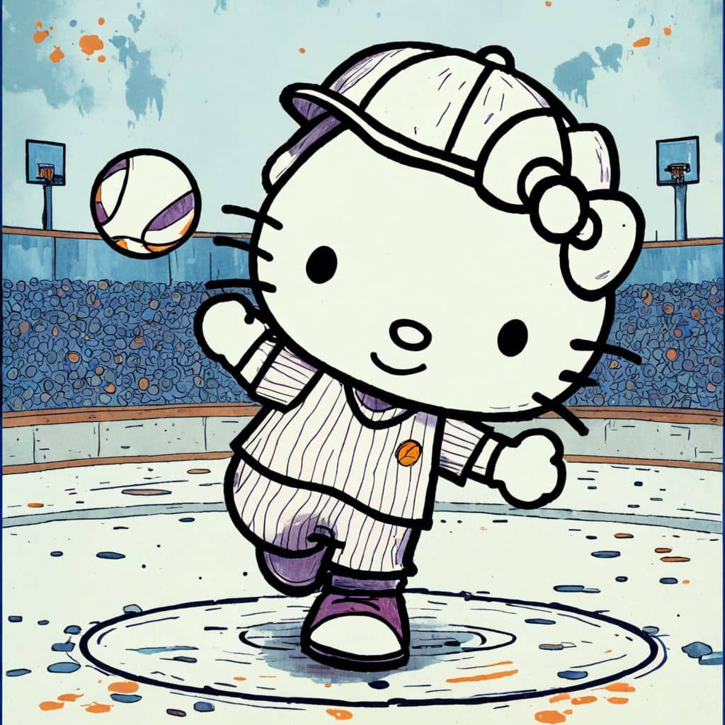 Colored Hello Kitty pitching a baseball
