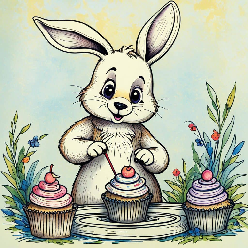 Colored Rabbit decorating cupcakes