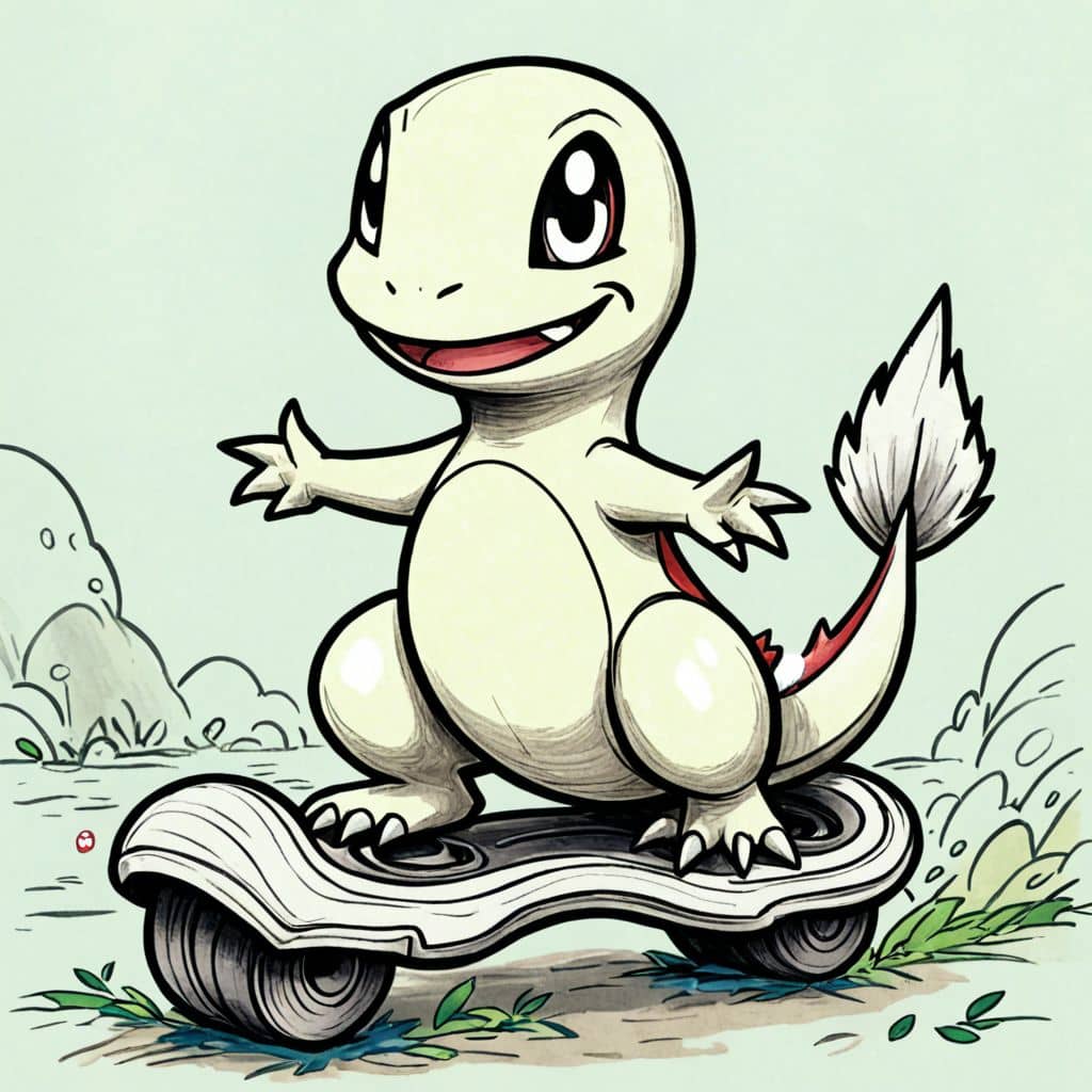 Colored Charmander riding a hoverboard