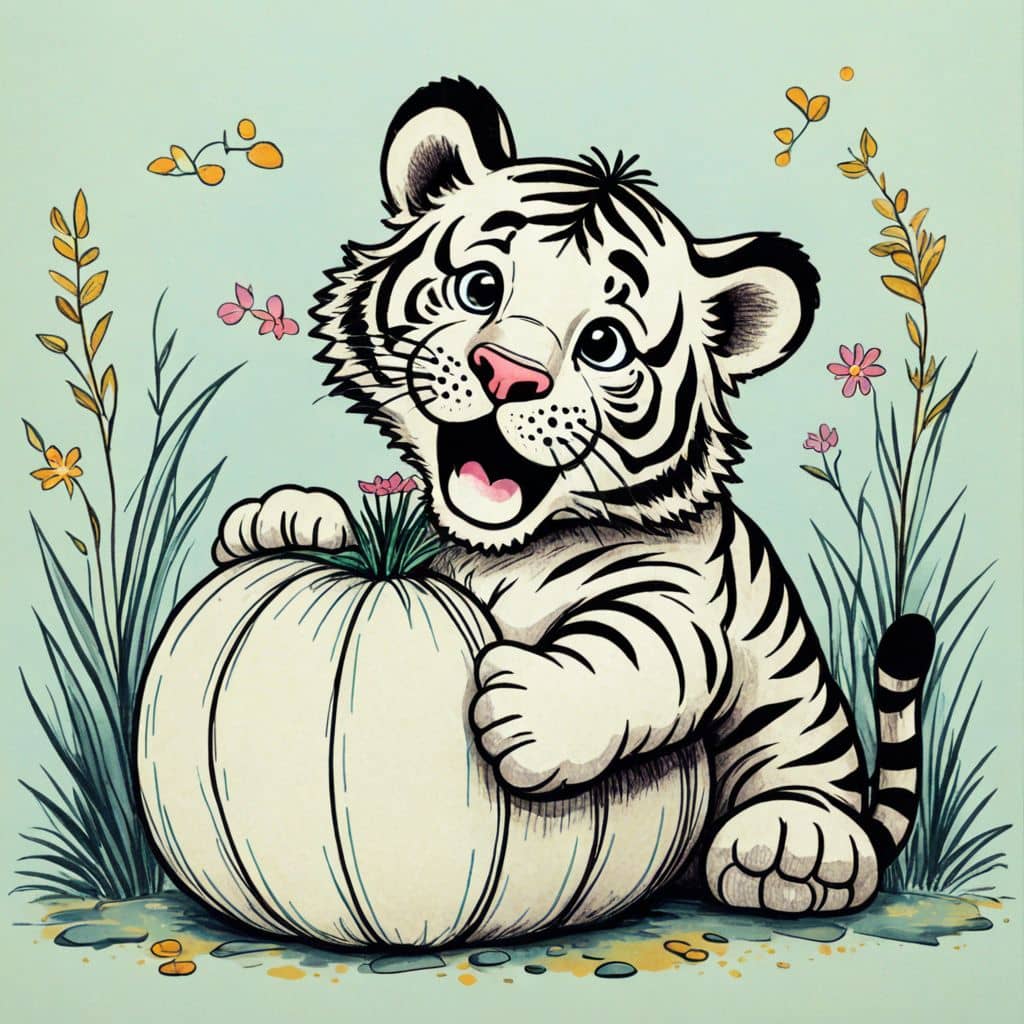Colored Tiger chomping on a pumpkin
