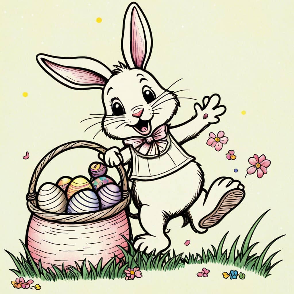 Colored Easter Bunny hopping with an egg-filled sack