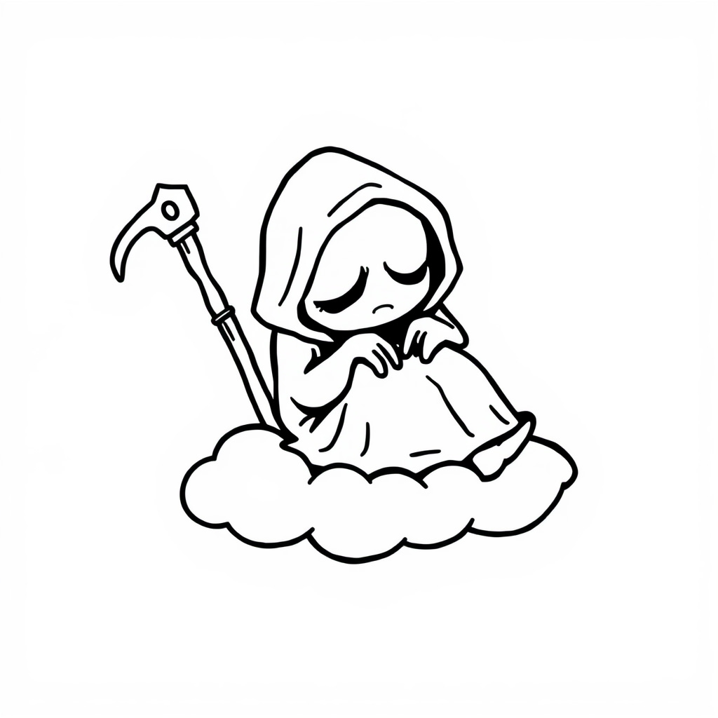 Tired Grim Reaper napping on a cloud