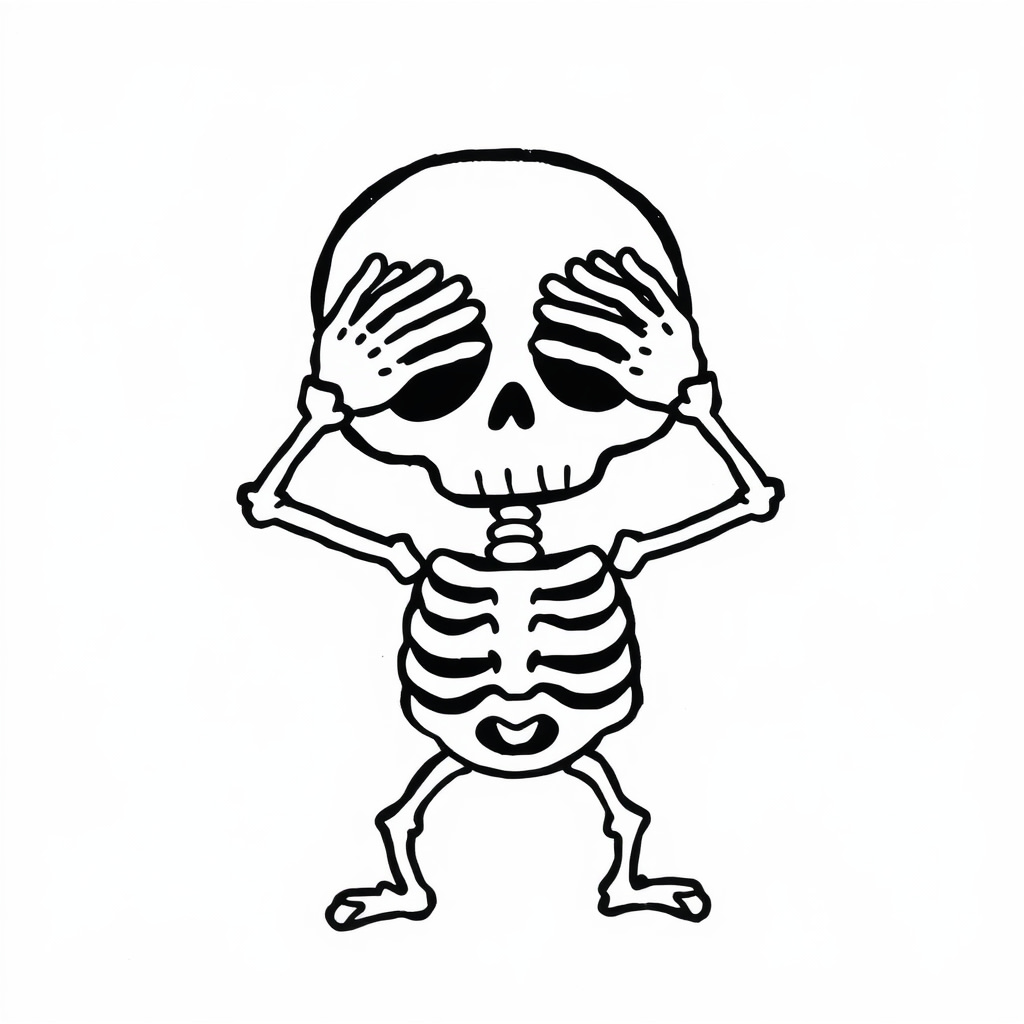 Scared skeleton covering eyes with hands