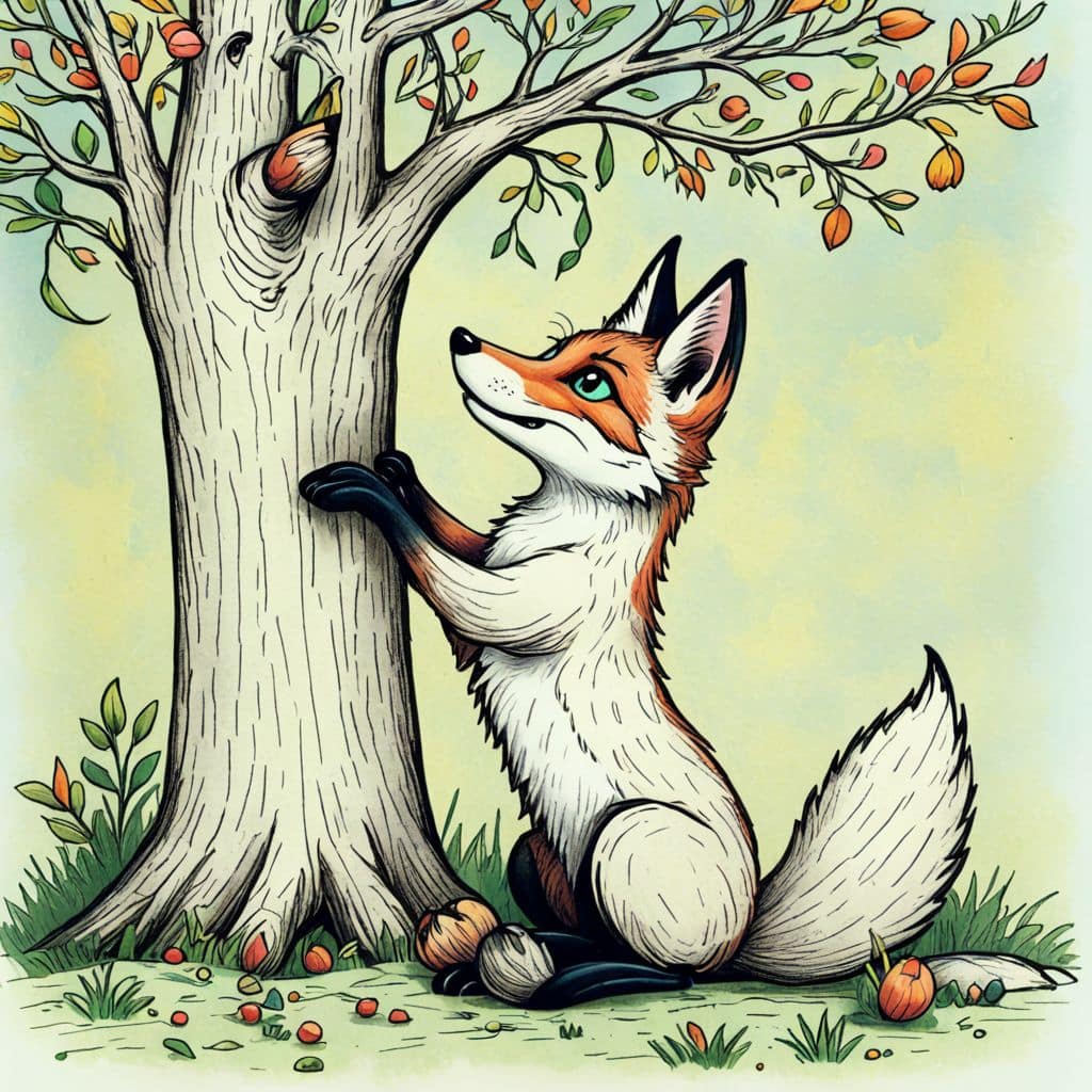 Colored Fox picking apples from a tree