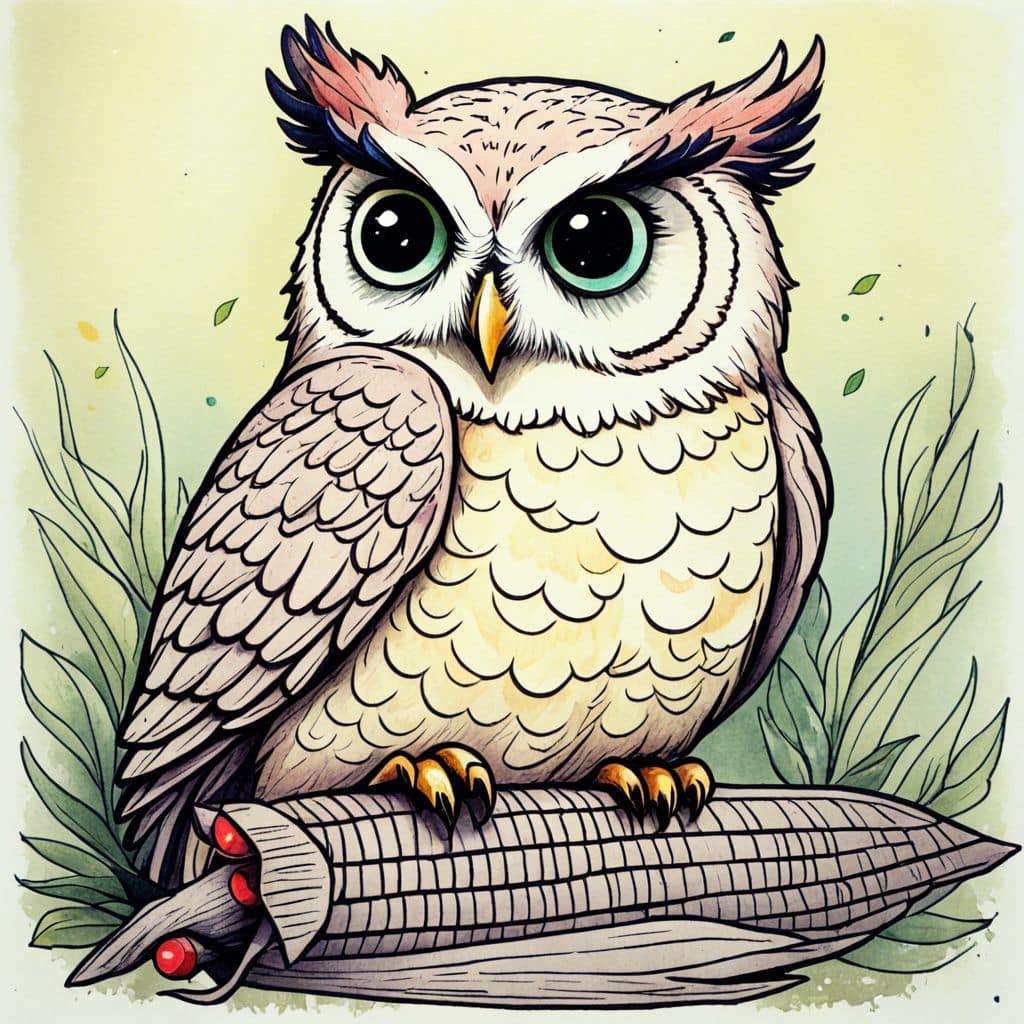 Colored Owl munching on a corn cob